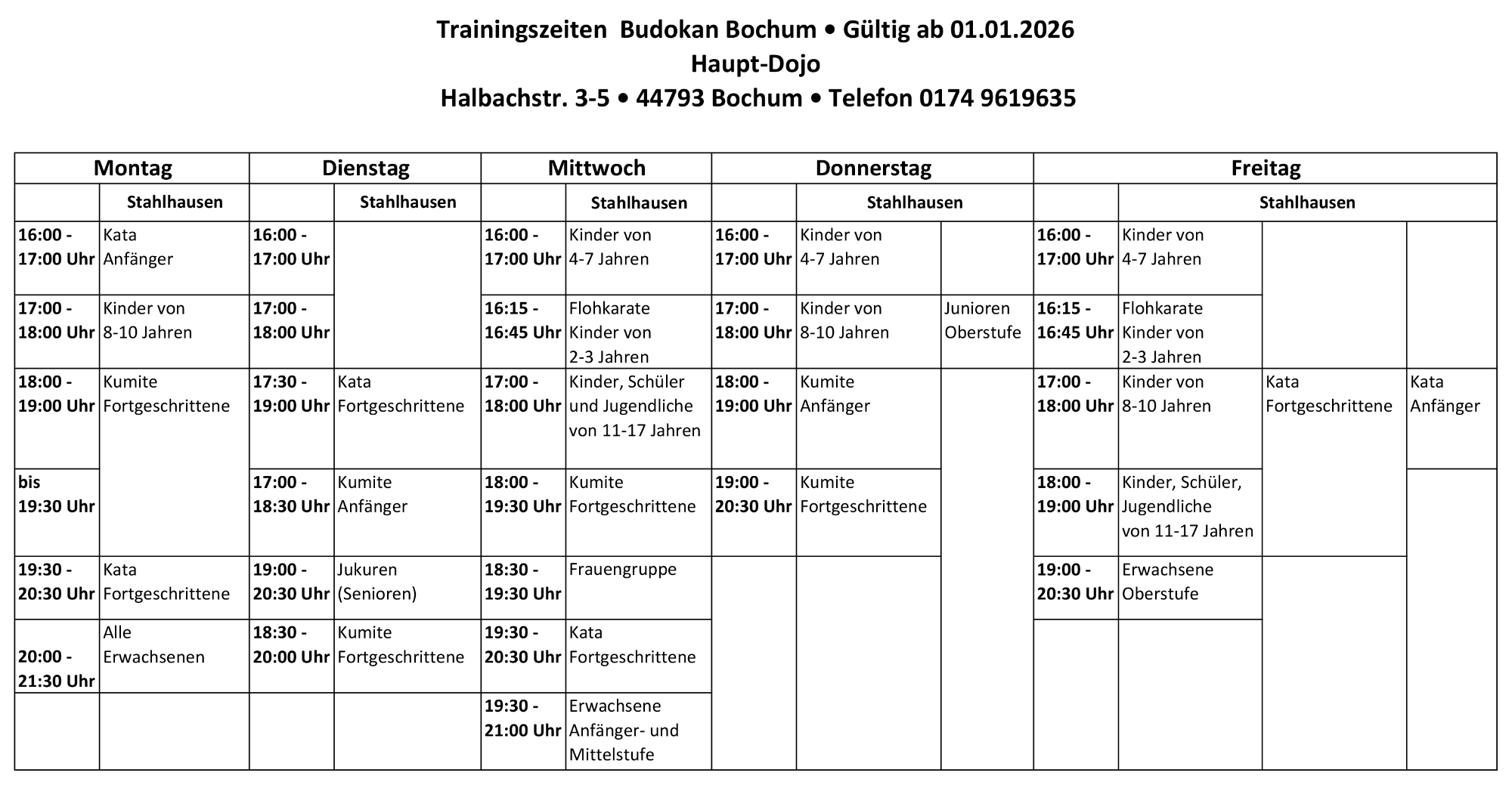 Trainingszeiten Budokan Bochum, Halbachstraße